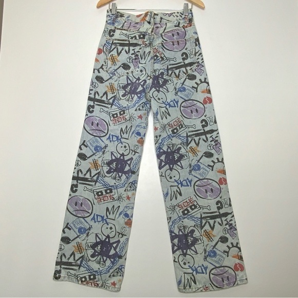 ADIKA Gray Graffiti High Waist Wide Leg Swag Doodle Jeans. Size Medium. (NWT). - Picture 2 of 6